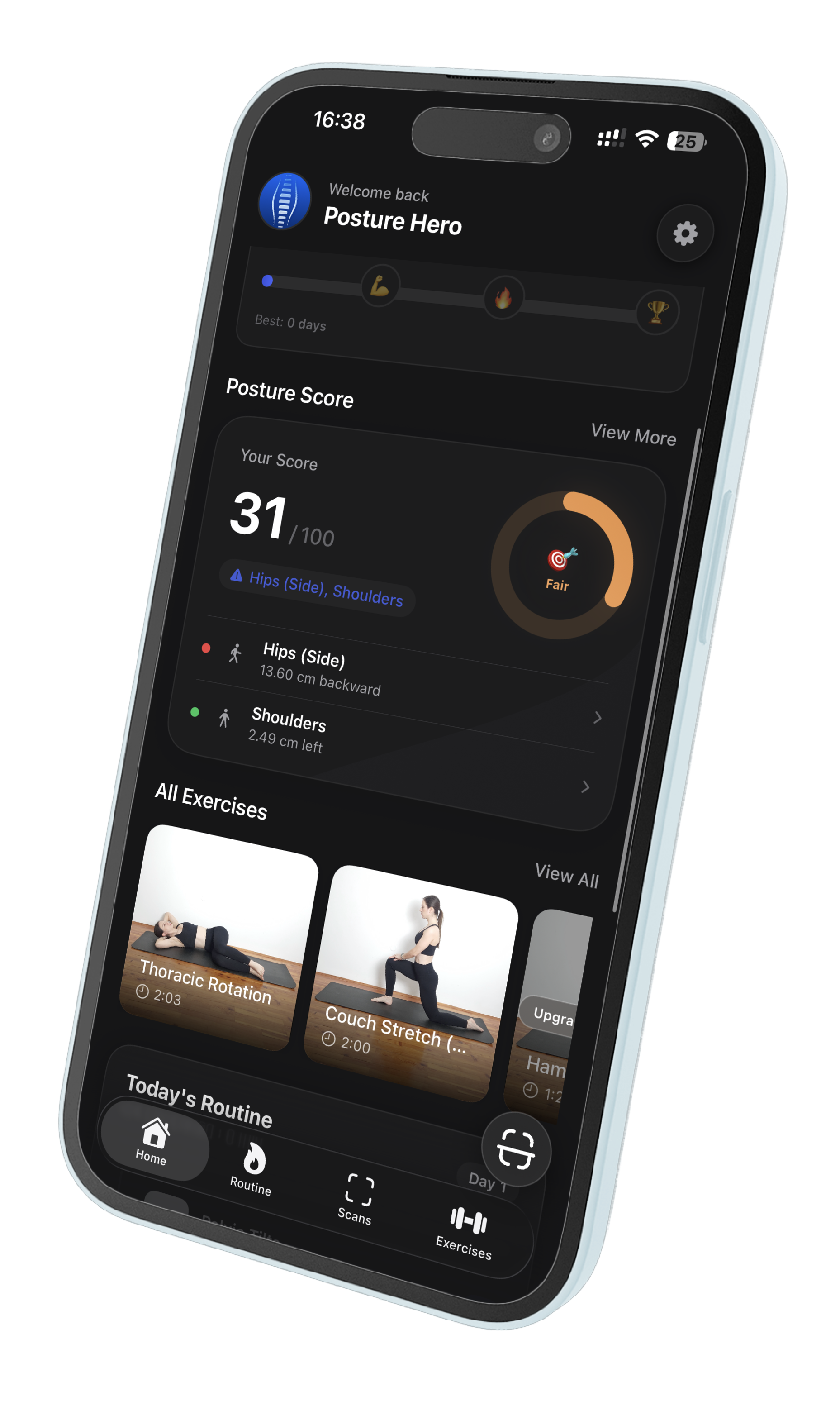 Vertefy app showing posture score and analysis